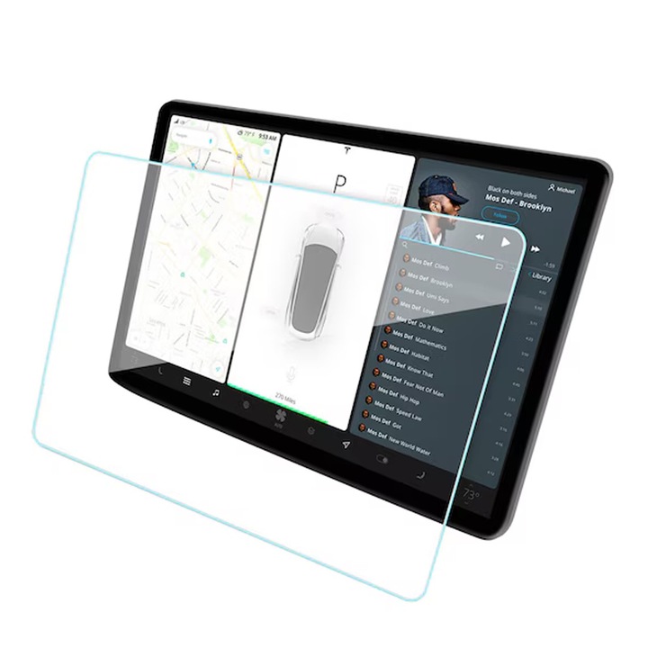 2.5D biztonságos üvegfólia Tesla Model 3-hoz / Tesla Model Y-hez, OPTIM SOLUTION, Fejlett érzékeny érintés, UV-védelem, elülső, 4K Ultra HD, GPS érintőképernyőre, Ujjlenyomat-mentes, 9H+ keménység, 1:1 pontos kivágás, átlátszó