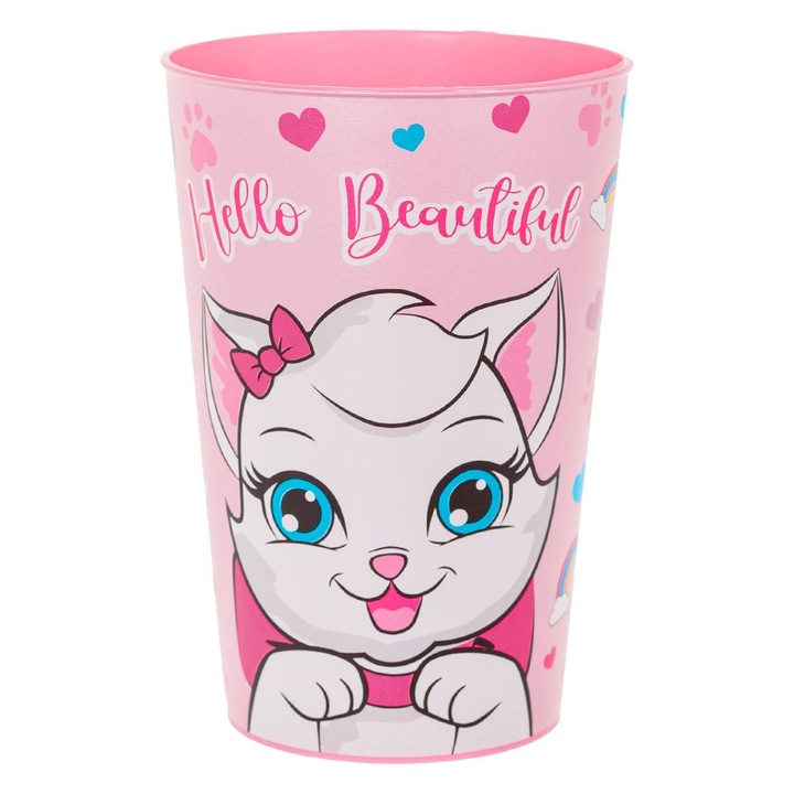Pahar Plastic, Model Pisica „Hello Beautiful”, Culoare Roz, Capacitate 340ml