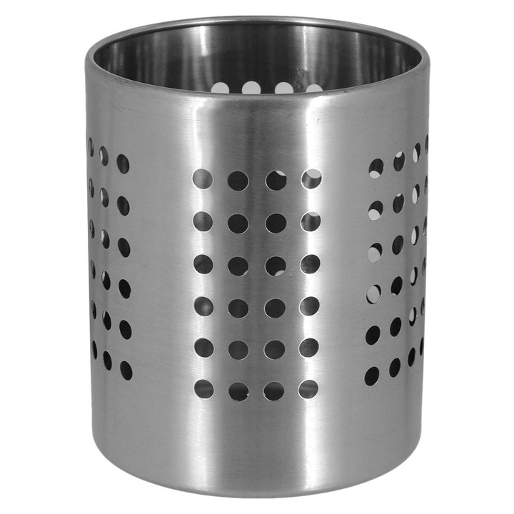 Shopiens Tartó, fém evőeszközökhöz, kerek, ezüst, 11,5 x 14 cm