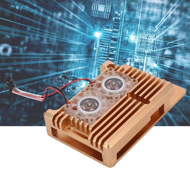 Alumínium ötvözet hűtőtok ventilátorral Raspberry Pi 4 B-hez, arany
