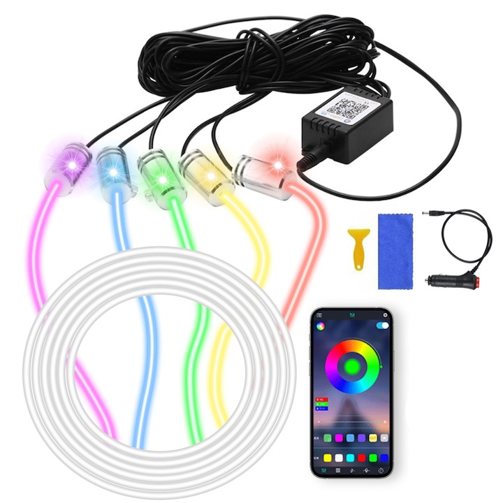 Амбиентно осветление за кола, WELUOT, RGB LED, 6м, многофункционално, Bluetooth връзка, многоцветно