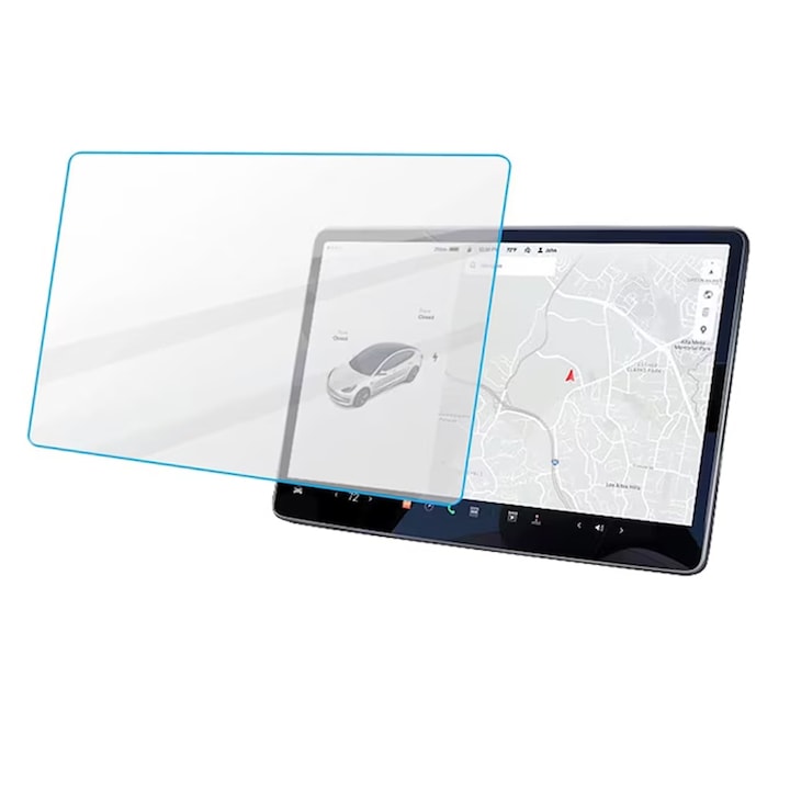 Anti-BlueRay Biztonsági üvegfólia, Tesla Model 3 / Tesla Model Y, OPTIM SOLUTION, Első képernyőhöz, Fejlett érzékeny érintés, UV-védelem, 4K Ultra HD, Anti Blue Light, Keménység 9H+, Pontos kivágás 1:1, Átlátszó