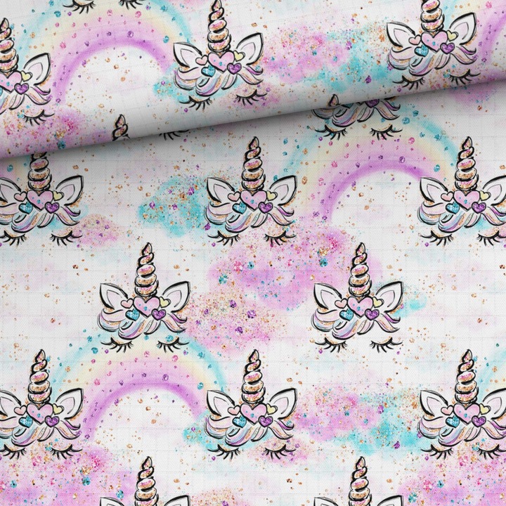 Material textil, Muselina de bambus imprimat Unicorn lashes, 100% bambus