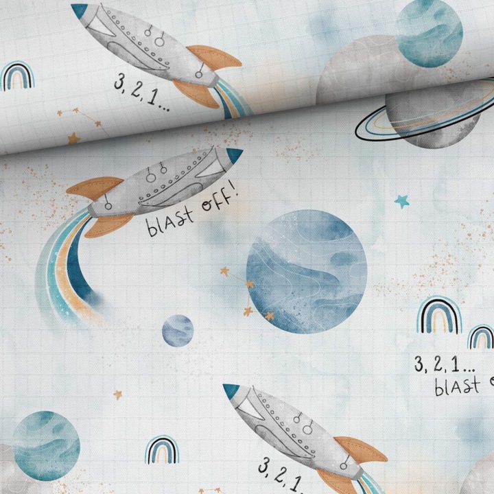 Material textil, Muselina de bambus imprimat Blast off White, 100% bambus