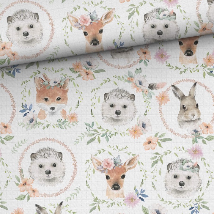 Material textil, Muselina de bambus imprimat Animale in ghirlande, 100% bambus