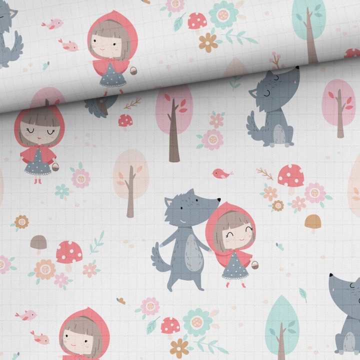 Material textil, Muselina de bambus imprimat Scufita Rosie, 100% bambus