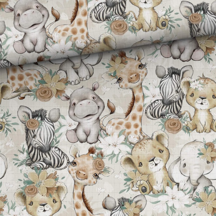 Material textil, Muselina de bambus imprimat Animale africane Fete, 100% bambus