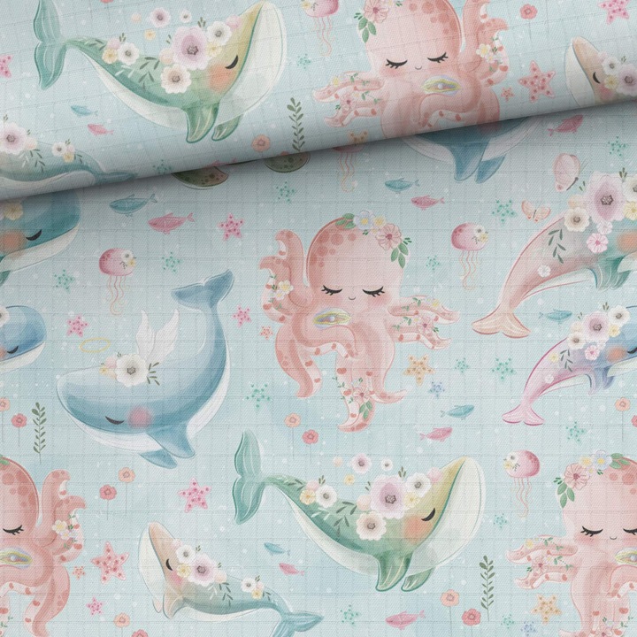 Material textil, Muselina de bambus imprimat Animale de mare dragute, 100% bambus
