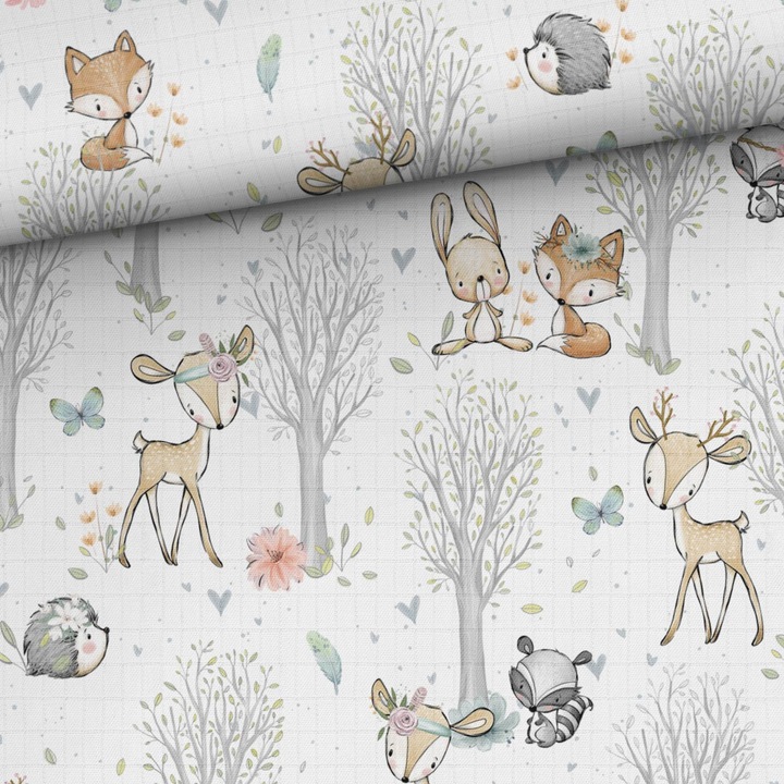 Material textil, Muselina de bambus imprimat Aventuri in padure, 100% bambus