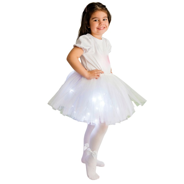 Costum Alb, Fustita cu Luminite Alba + Bluzita Saten Alb, Serbare 3-4 ani fulg de nea, inger - 3-4 ani (98-104 cm)