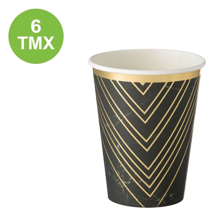 Fekete márvány kartonpoharak aranyfóliával 360ml - 6db