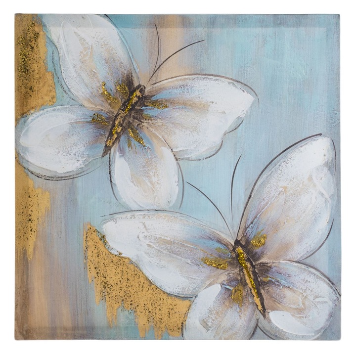 Tablou Canvas, Pictura Ulei, Fluturi, Detalii Auriu Glitter, 40x40x1.8cm
