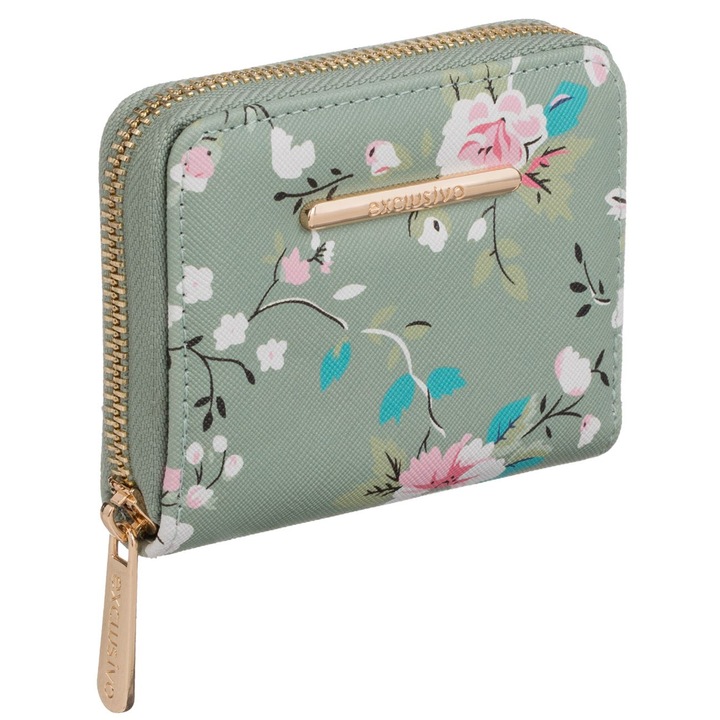 Portofel mini verde menta floral pentru femei 11x9x3cm