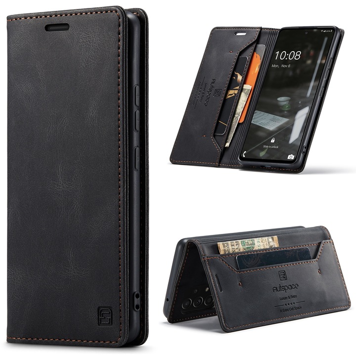 Калъф за Samsung Galaxy A53, CaseMe Retro, тънък, кожен, тип портфейл, стойка, магнитно закопчаване, мека текстура, RFID защита, Черен