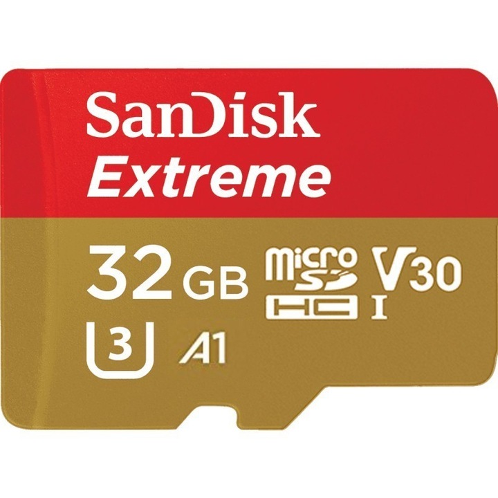 Карта памет Sandisk microSDXC Extreme, 32 GB, UHS-I, V30, 100 MB/s, A1, Action cam, С адаптер