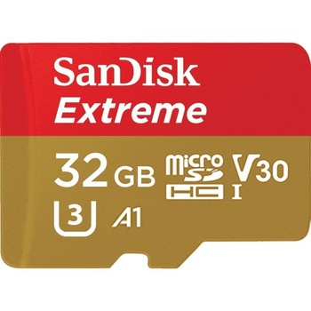 Card de memorie Sandisk microSDXC Extreme, 32 GB, UHS-I, V30, 100 MB/s, A1, Action cam, cu adaptor Card de memorie Sandisk microSDXC Extreme, 32 GB, UHS-I, V30, 100 MB/s, A1, Action cam, cu adaptor
