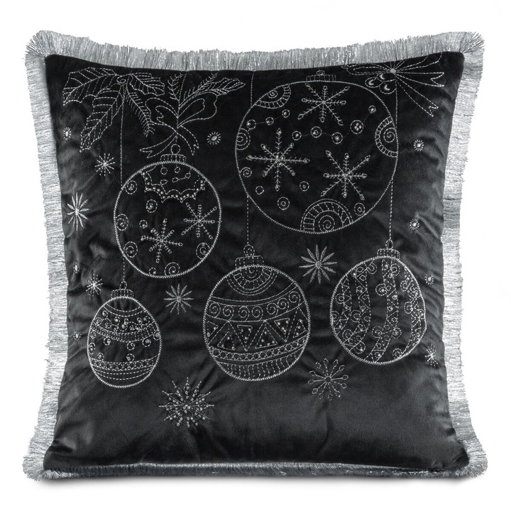 Karácsonyi díszpárnahuzat hímzett ünnepi motívummal rojtos szélekkel 45 x 45 cm Eurofirany fekete