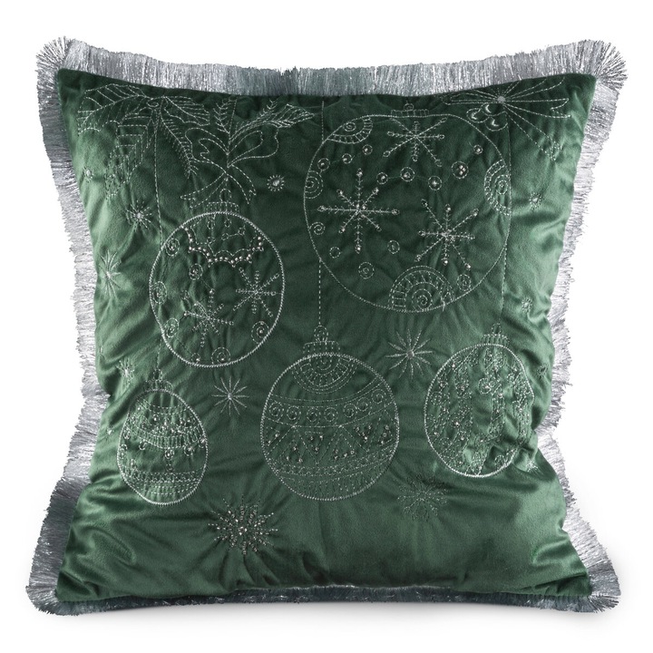 Karácsonyi díszpárnahuzat hímzett ünnepi motívummal rojtos szélekkel 45 x 45 cm Eurofirany sötétzöld