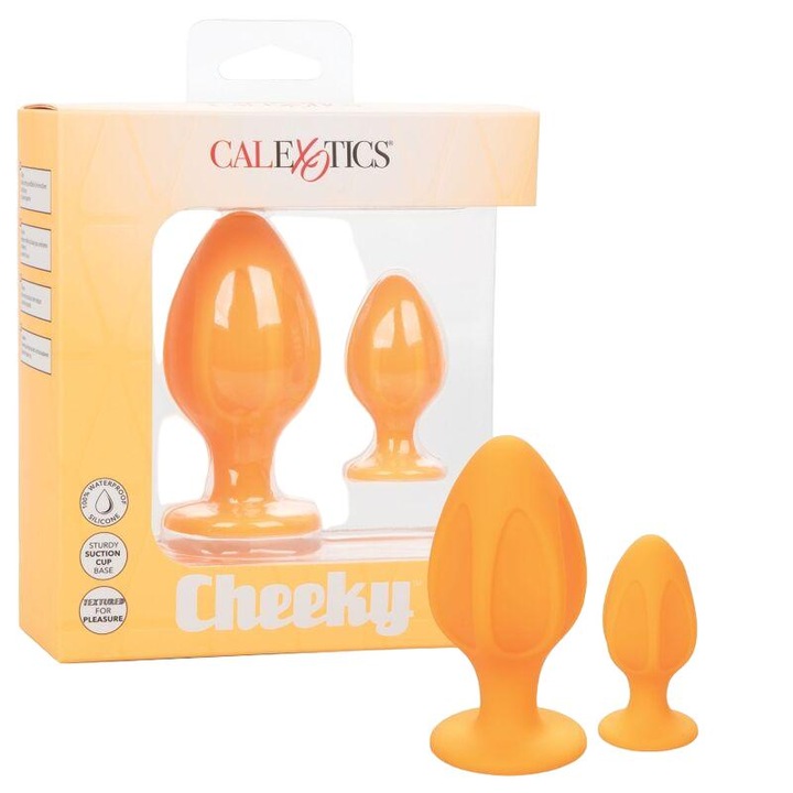 2 db CalExotics Cheeky anális dugó készlet, narancssárga, S méretek: 5x3,25 cm, L: 9x5 cm
