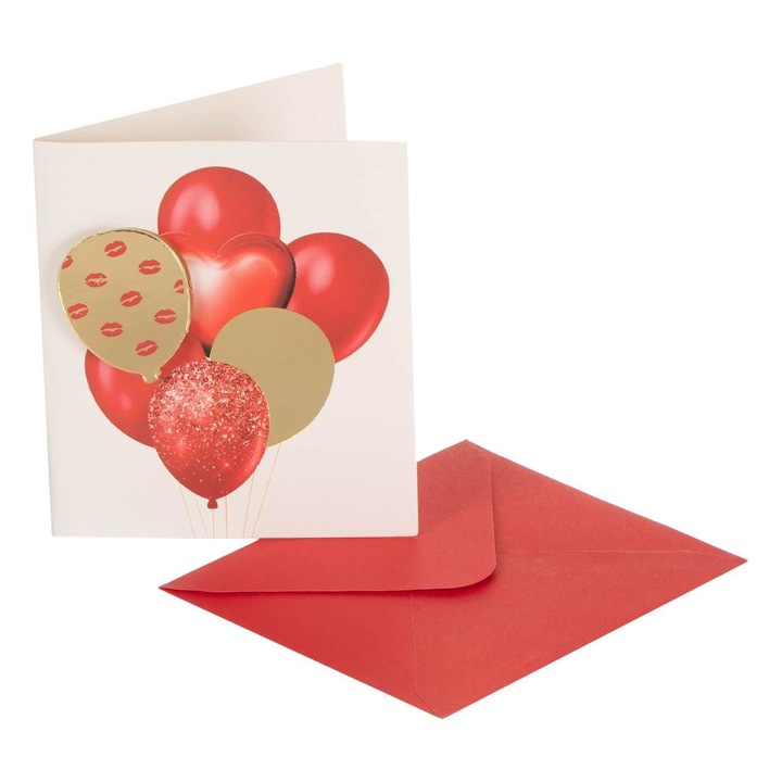 Felicitare 3D Baloane, 7.5x8.5 cm, Alb/Rosu/Auriu, Cu Plic Rosu