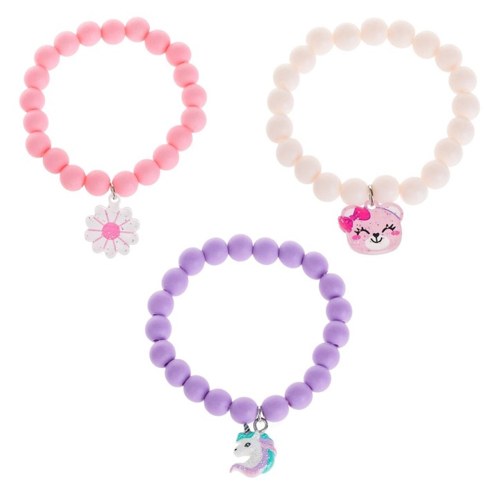 Bratari Elastice Copii, Set 3 Buc, Multicolor, Margele Mici Mate, Unicorn si Ursulet