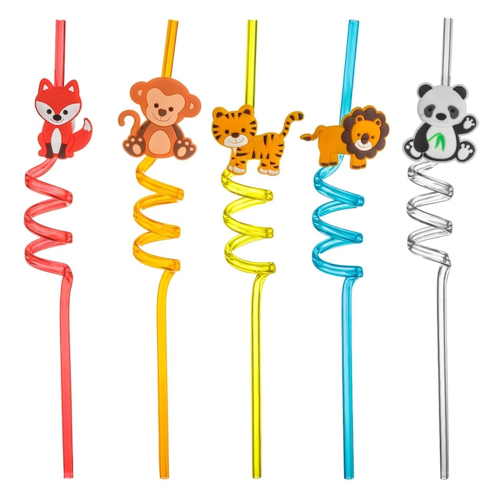 Сламки за многократна употреба, спираловидни, многоцветни, комплект от 10 части, фигурки на животни