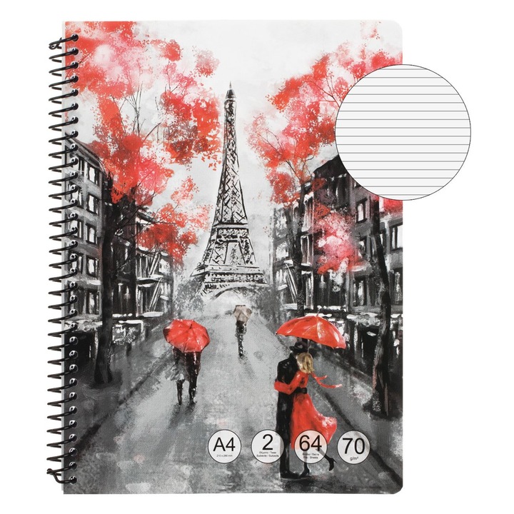 Spiráldiktáló jegyzetfüzet, vintage párizsi minta, elválasztók, 64 oldal, A4