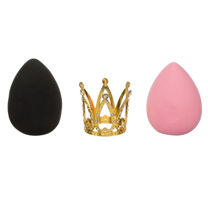 Set 2 Bureti Machiaj Picatura Roz Negru cu Suport Coroana Aurie Stras 4.5x6cm