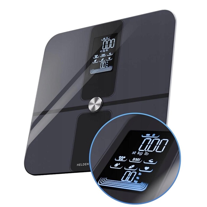 Cantar corporal Heldenwerk, 18 valori, Bluetooth, greutate mxima 180kg, sticla securizata, cu aplicatie, ecran LCD