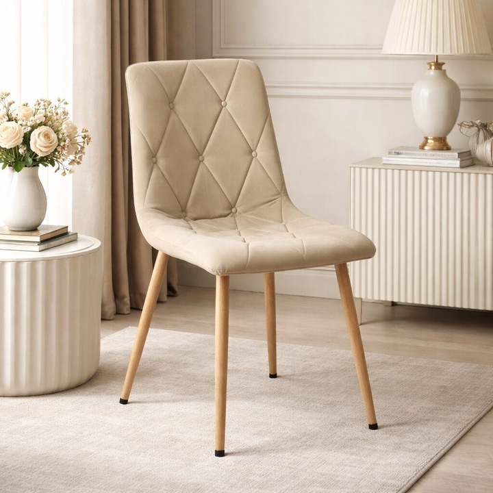 Scaun bucatarie/living, Artool, Libra, catifea bej deschis, picioare metal natur, 45x54x86.5 cm