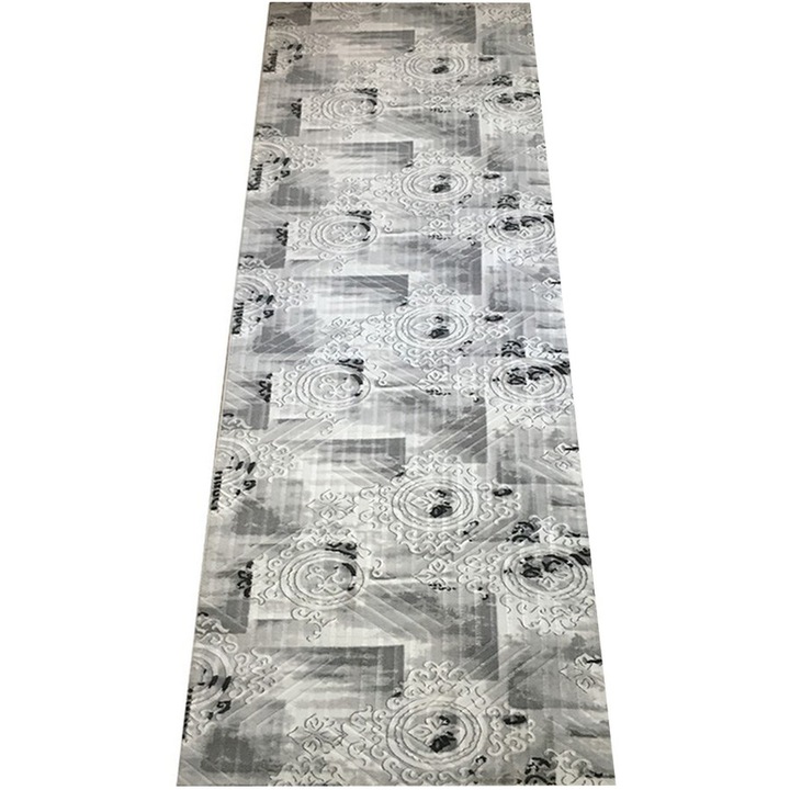 Килим, против плъзгане, сив, абстрактен, полиестер, 100 x 300 см