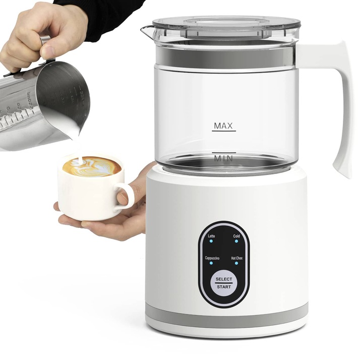 Aparat pentru spumat laptele, 630 W, 6 functii presetate, capacitate spumare 180 ml, capacitate incalzire 250 ml, recipient de sticla detasabil cu maner, capac transparent, alb