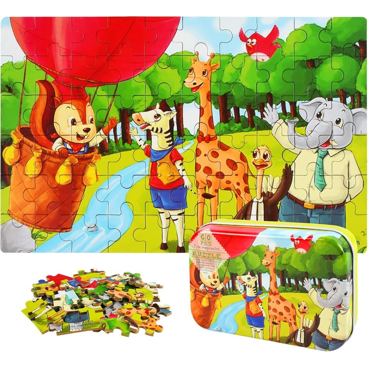Erdei kaland puzzle, Balloon Ride és állatbarátok, 60 darab gyerekeknek, digitális nyomat segítő számokkal gyerekeknek, többszínű, BUGHY'S