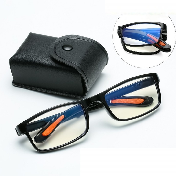 Ochelari de vedere pliabili pentru citit, lectura cu protectie pentru lumina albastra, calculator, culoare rama, dioptrie +2.00, Cu cutie de depozitare, unisex, Vanaxalife®, Negru