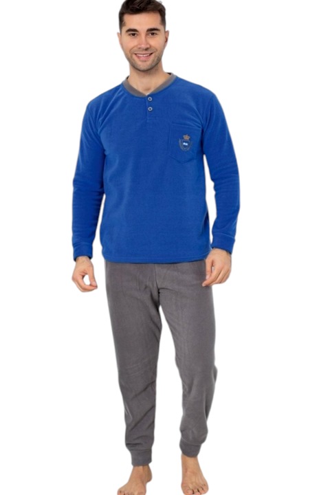 Pijama polar, pentru iarna, StarFashion, bluza cu maneca lunga, Albastru