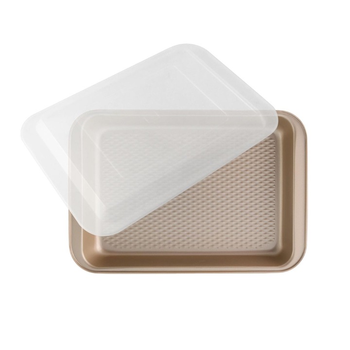 ZASS Gourmet téglalap alakú tepsi fedővel, ZG-BW 05, 36x23x4,5cm, Szénacél, Tapadásmentes bevonat, Gáz- és/vagy elektromos sütővel kompatibilis, Bronz szín