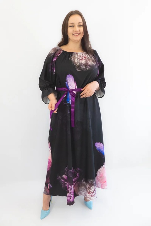 Rochie maxi cu flori, negru si mov, maneci lungi bufante, poliester, One Size INTL