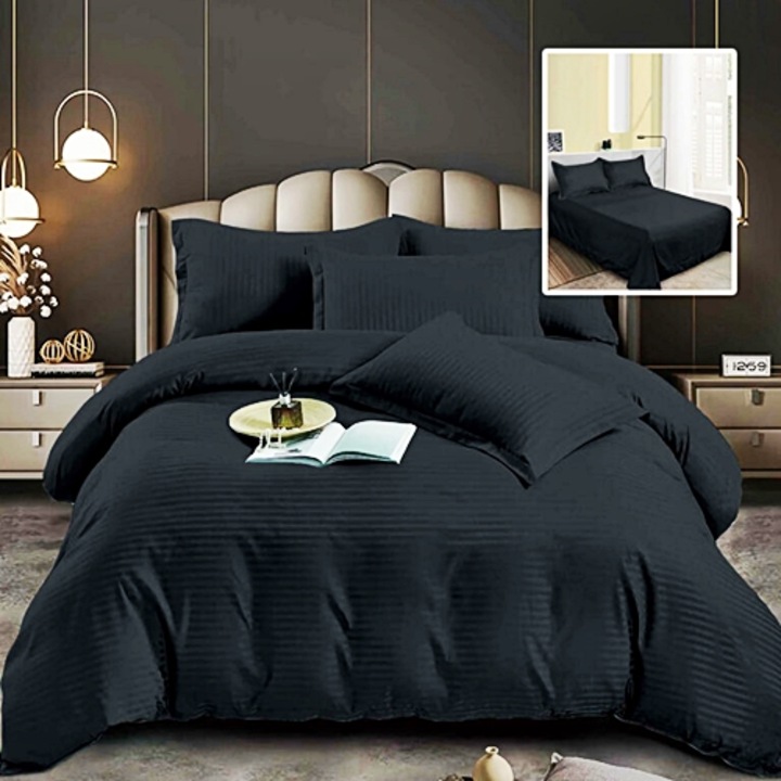 Lenjerie de pat Damasc Policoton, neagra, 6 piese, pentru pat dublu, Patone, cearceaf pat 230x250cm, cearceaf pilota 200x230cm, doua fete de perna 50x70cm si doua fete de perna 70x70cm