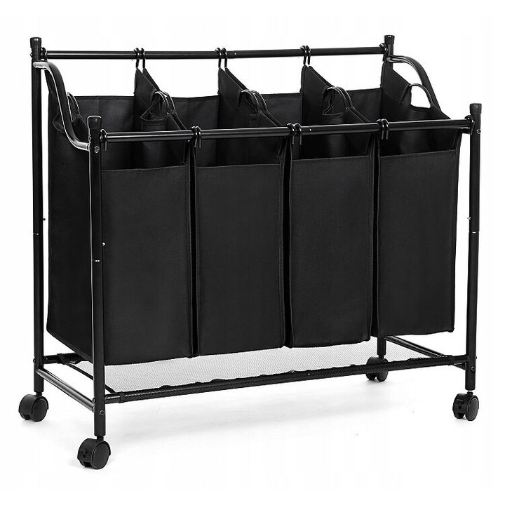 Cos de rufe cu 4 compartimente, Songmics, Capacitate 138 l, Pe roti, Textil/Inox, 81x87,5x38,5 cm, Negru