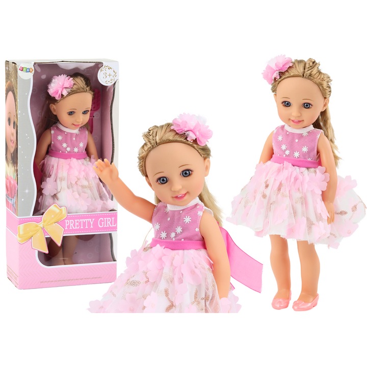 Papusa Lean Toys, rochie roz, par lung, accesoriu agrafa, 38x8x11cm