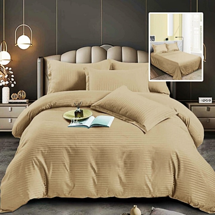 Lenjerie de pat Damasc, policoton, 6 piese, pentru pat dublu, cappucino, Ralex Pucioasa, 6p79