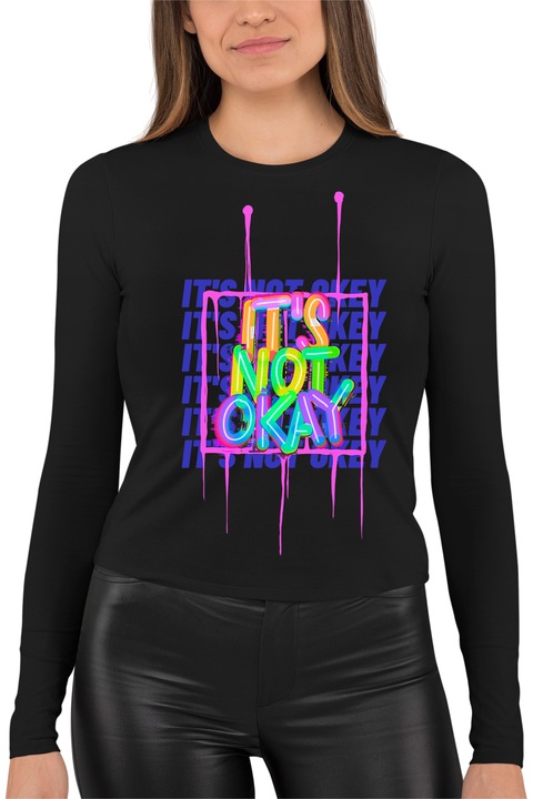 Bluza dama cu imprimeu, It's not okey, Bumbac, Negru, S