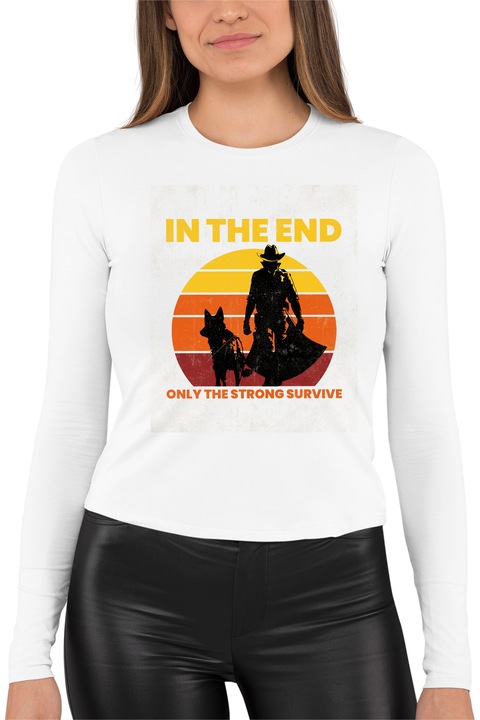 Bluza dama cu imprimeu, Only the strong survive, mix 1, Alb