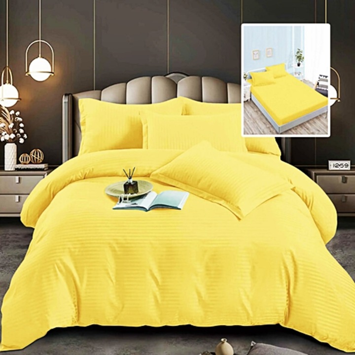 Lenjerie de pat Damasc, policoton, 6 piese, cearceaf cu elastic 180x200cm, pentru pat dublu, galbena, Ralex Pucioasa, 6pH65