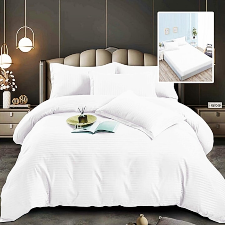 Lenjerie de pat Damasc, policoton, 6 piese, cearceaf cu elastic 180x200cm, pentru pat dublu, alba, Ralex Pucioasa, 6pH63