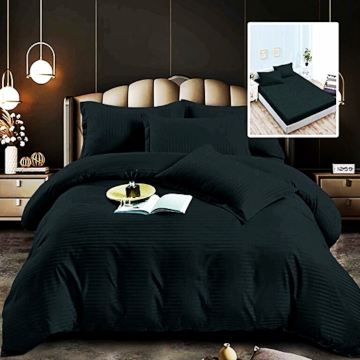 Lenjerie de pat Damasc Policoton, neagra, 6 piese, pentru pat dublu, Patone, cearceaf pat cu elastic 180x200cm, cearceaf pilota 200x230cm, doua fete de perna 50x70cm si doua fete de perna 70x70cm