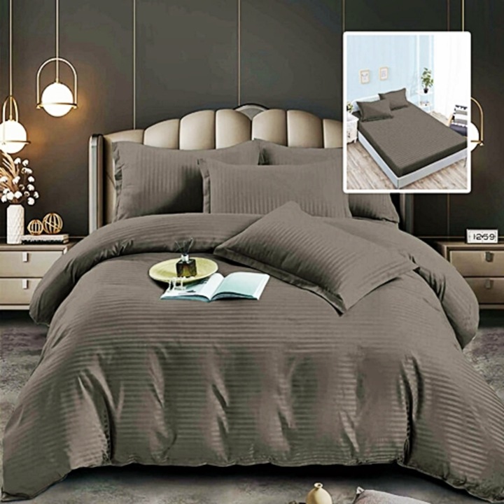 Lenjerie de pat Damasc, policoton, 6 piese, cearceaf cu elastic 160x200cm, pentru pat dublu, maro deschis, Ralex Pucioasa, 6pH83