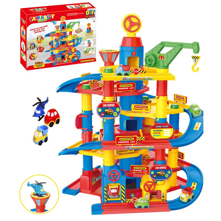 Garaj de parcare pentru copii, Coil, set mare cu 7 etaje, 2 masinute, 95cm, multicolor