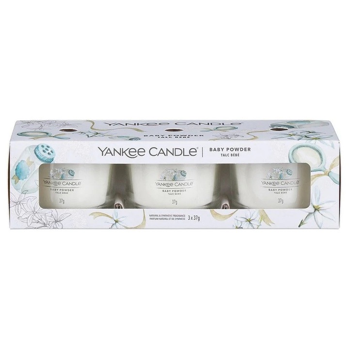 Set 3 lumanari parfumate Yankee Candle, Baby Powder, 3 x 37 g