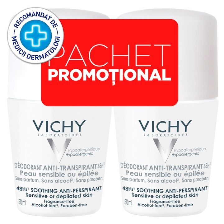 Комплект Vichy: Дезодорант Roll-on, Антиперспирант, 48h, Без парфюм, 2x50 мл